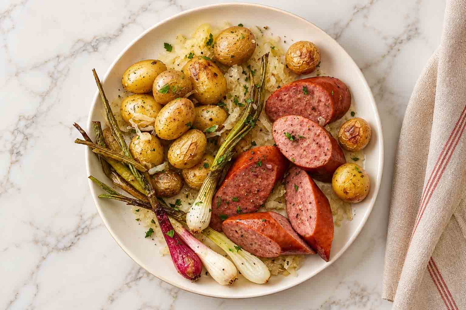 Saucisses rôties, pommes de terre et moutarde