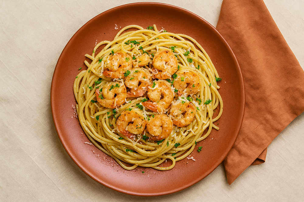 Spaghetti à l’ail, huile d’olive et crevettes (style méditerranéen)