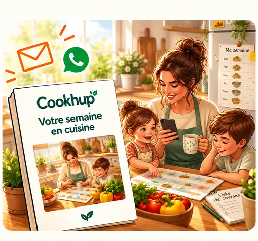 Une maman et ses deux enfants préparant les repas en famille avec Cookhup