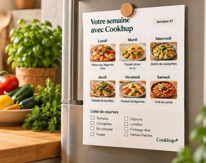 Le menu de la semaine et la liste de courses Cookhup, aimantés sur la porte d'un frigo