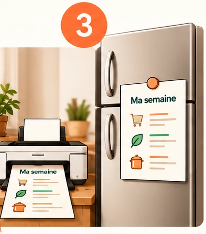 Étape 3 : la feuille « Ma semaine » sort de l’imprimante et se retrouve aimantée sur le frigo