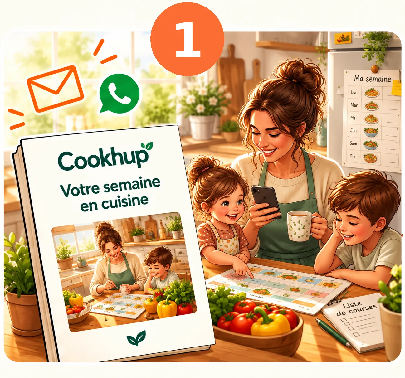 Étape 1 : le journal Cookhup « Votre semaine en cuisine », posé dans la cuisine pendant qu’une maman cuisine avec ses deux enfants